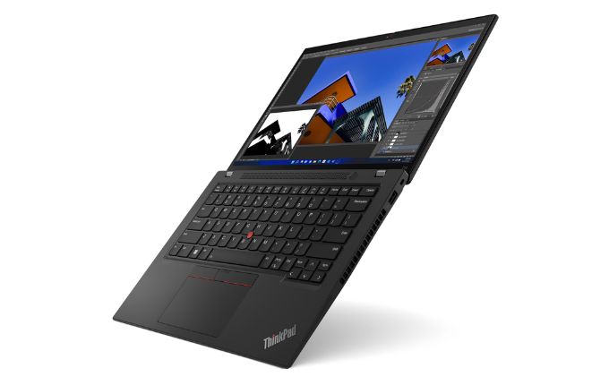 Das Lenovo ThinkPad T14 Gen 3 in Schwarz ist ein Laptop mit Tastatur und Bildschirm